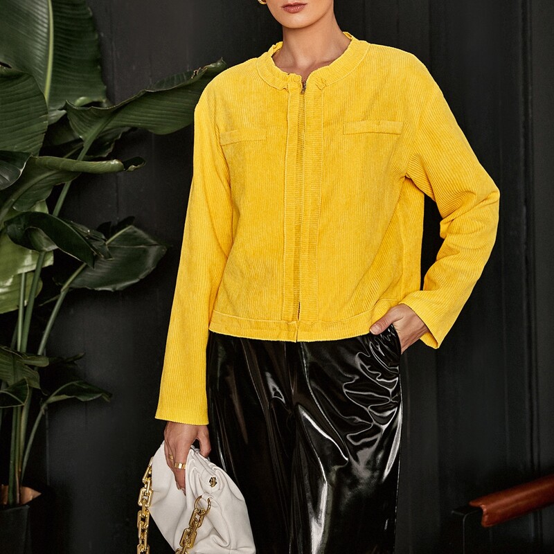 

Zipper Placket Solid Cord Jacket, Yellow bright