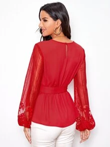 SHEIN Clasi Áo sơ mi Thắt lưng màu trơn Thanh lịch - Đỏ - Xem 2