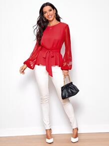 SHEIN Clasi Áo sơ mi Thắt lưng màu trơn Thanh lịch - Đỏ - Xem 3