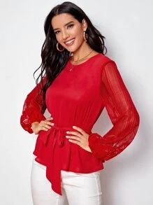 SHEIN Clasi Áo sơ mi Thắt lưng màu trơn Thanh lịch - Đỏ - Xem 5