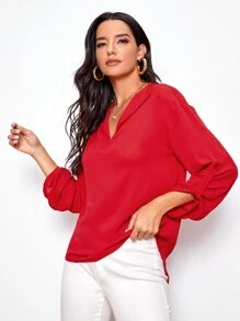 SHEIN Clasi 弧形下擺捲邊邊袖上衣 - 紅色 - 查看 3