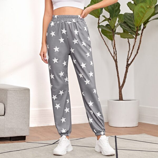 

Star Print Slant Pocket Sports Pants, Grey
