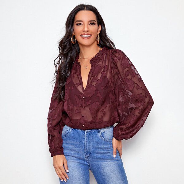 

Ruffle Trim Buttoned Front Appliques Top Without Bra, Maroon