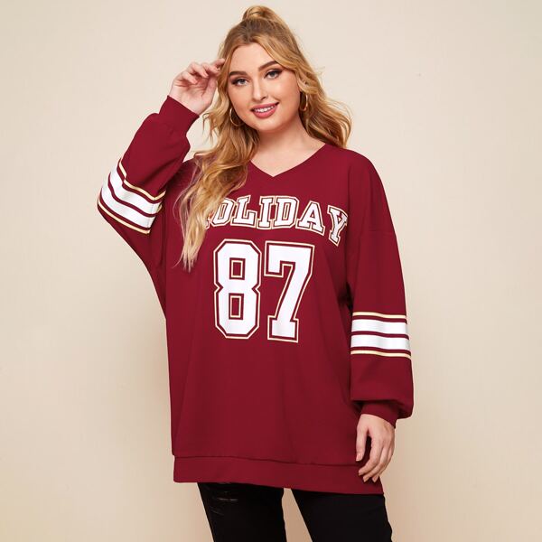 

Plus Letter & Digital Graphic Drop Shoulder Sweatshirt, Burgundy