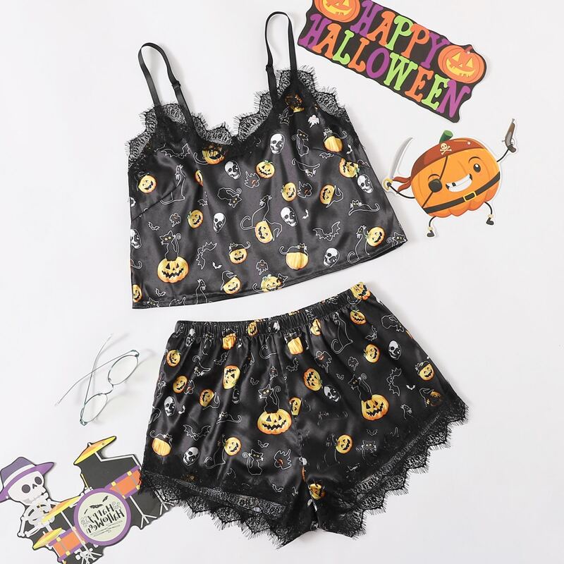 

Satin Halloween Print Lace Panel Night Set, Black