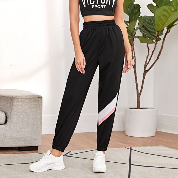 

Contrast Panel Elastic Waist Sweatpants, Black