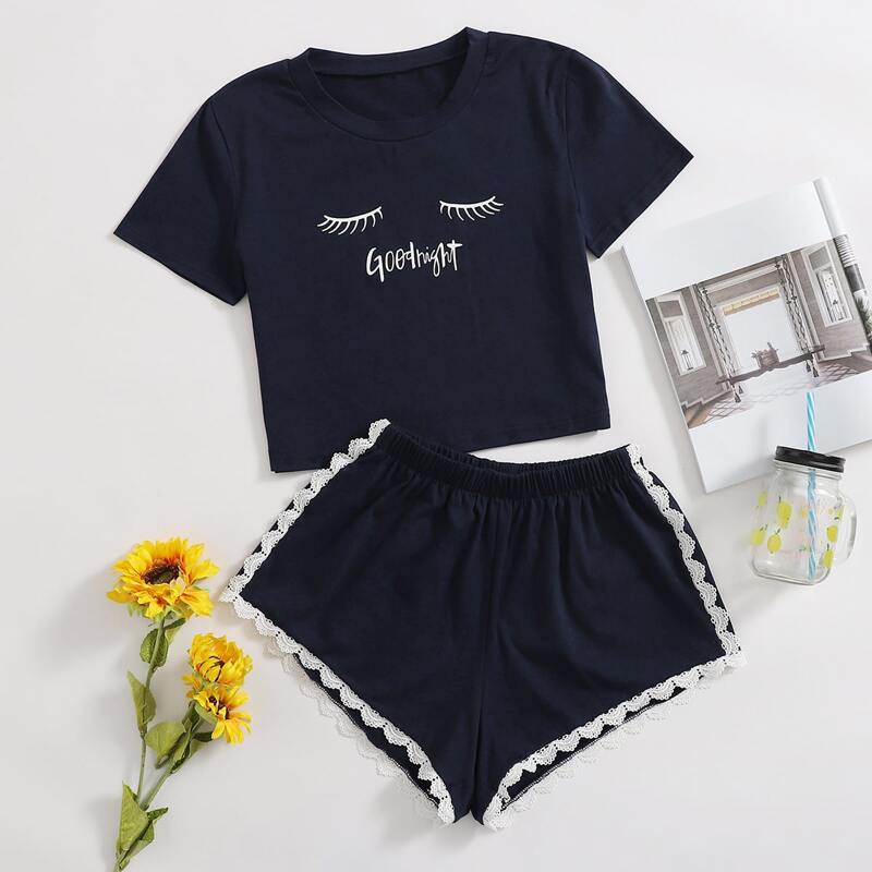 

Letter Graphic Lace Trim PJ Set, Navy blue