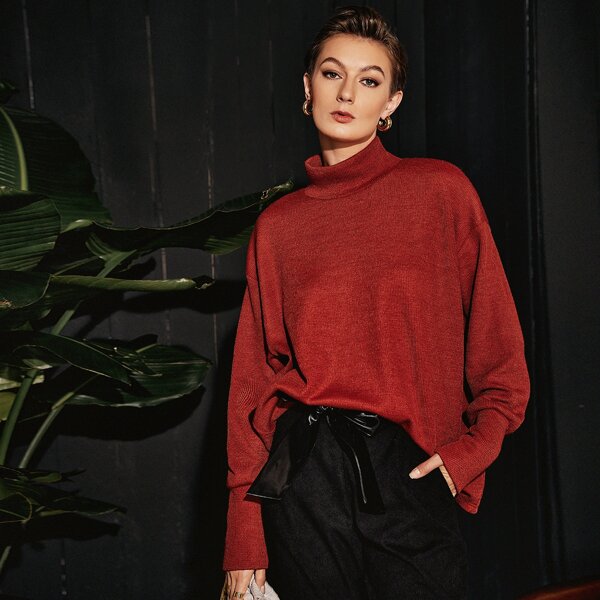 

Mock-Neck Drop Shoulder Sweater, Red