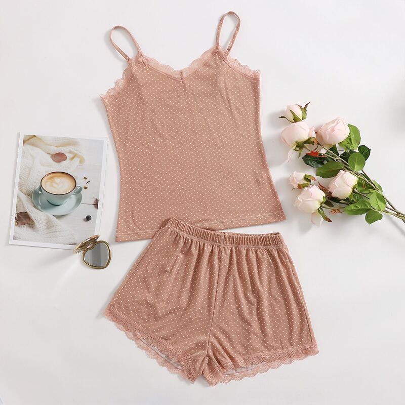 

Polka Dot Lace Trim PJ Set, Dusty pink