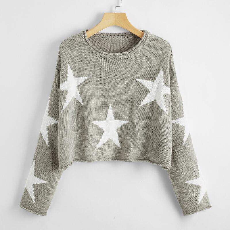 

Star Pattern Rolled Hem Sweater, Light grey