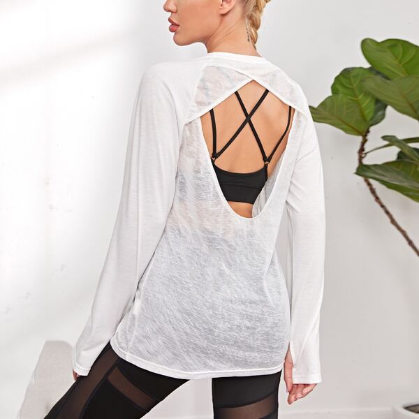 

Cut Out Back Raglan Sleeve Sports Tee Without Bra, White