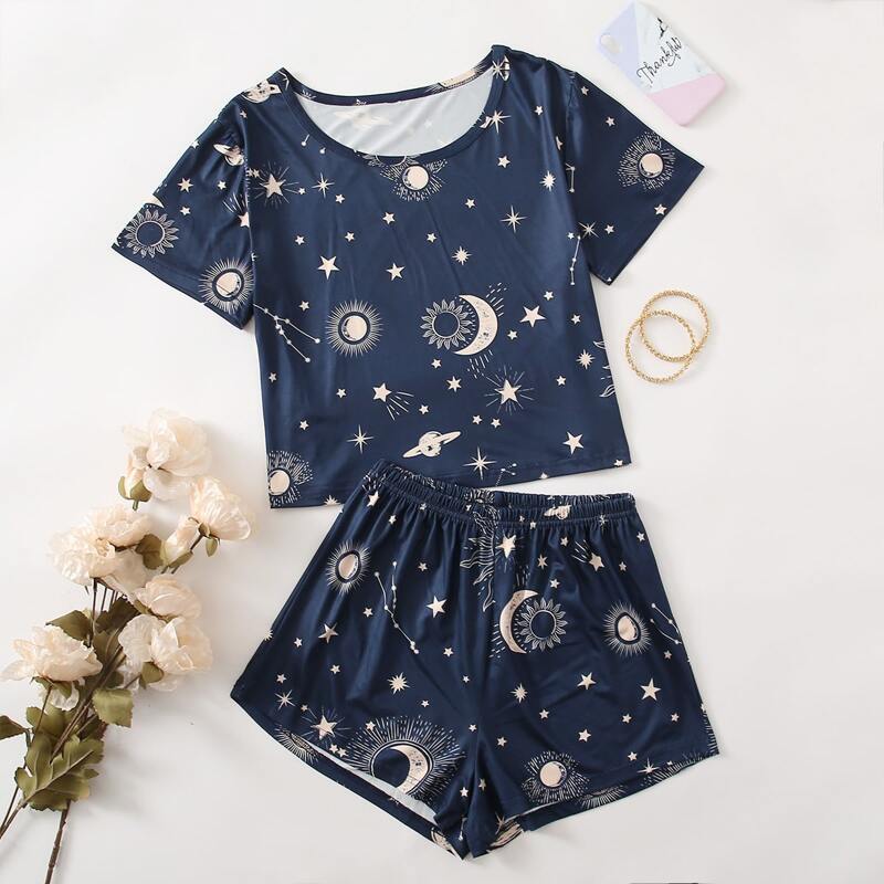 

Galaxy Print Pajama Set, Navy blue