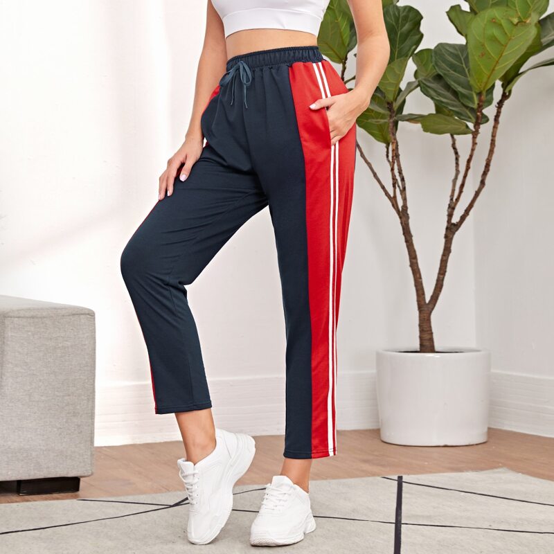 

Contrast Sideseam Stripe Tape Sports Pants, Navy blue