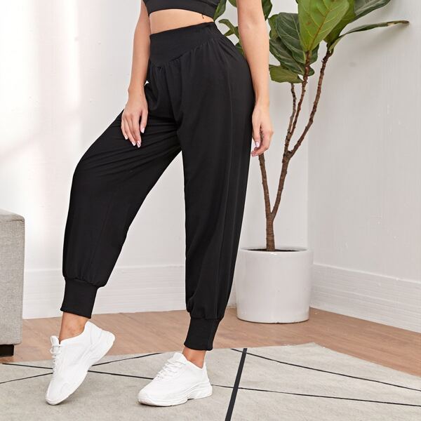 

Wideband Waist Solid Sports Pants, Black