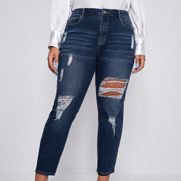 

Plus Slant Pocket Ripped Skinny Jeans, Dark wash