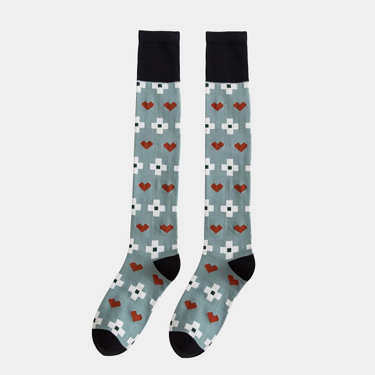 

1pair Geo & Heart Knee Length Socks, Multicolor