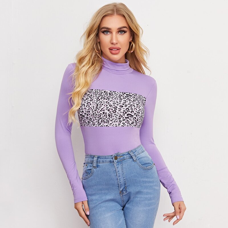 

Funnel Neck Leopard Panel Form Fitted Tee, Lilac purple