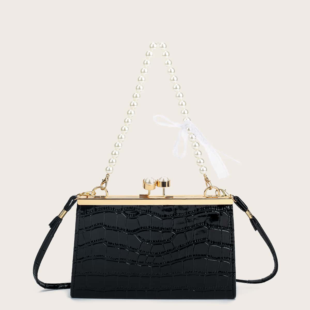 

Crocodile Faux Pearl Handle Shoulder Bag, Black