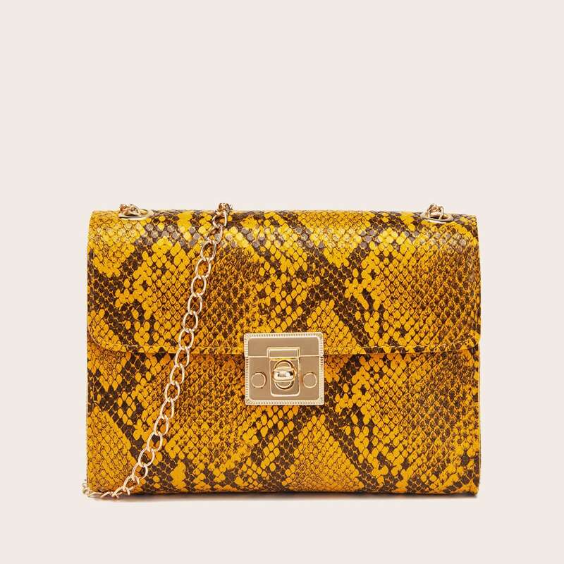 

Snakeskin Print Chain Crossbody Bag, Yellow