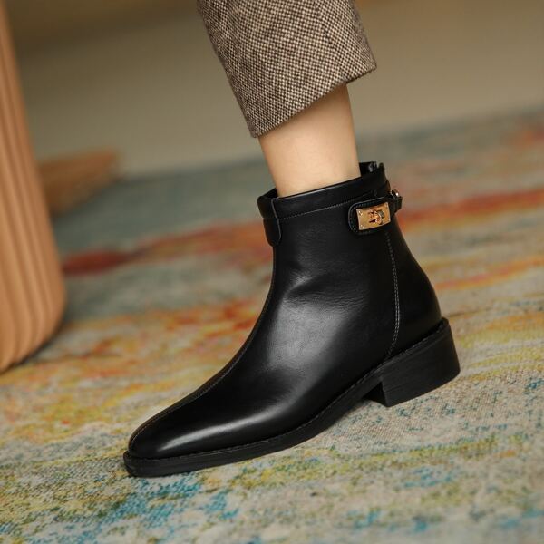

Calfskin Leather Breathable Hygroscopic Ankle Boots, Black