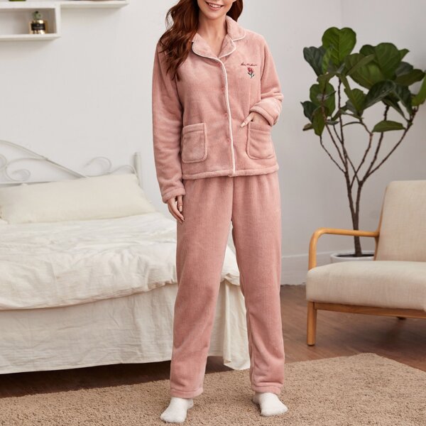 

Floral & Letter Embroidery Dual Pocket Plush PJ Set, Coral pink