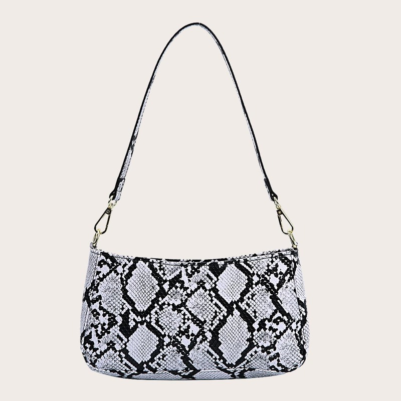 

Snakeskin Print Baguette Bag, Black and white