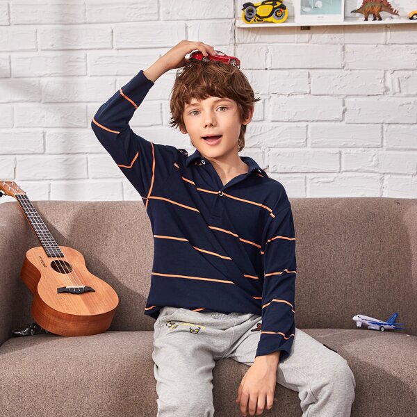 

Boys Striped Polo Shirt, Navy blue