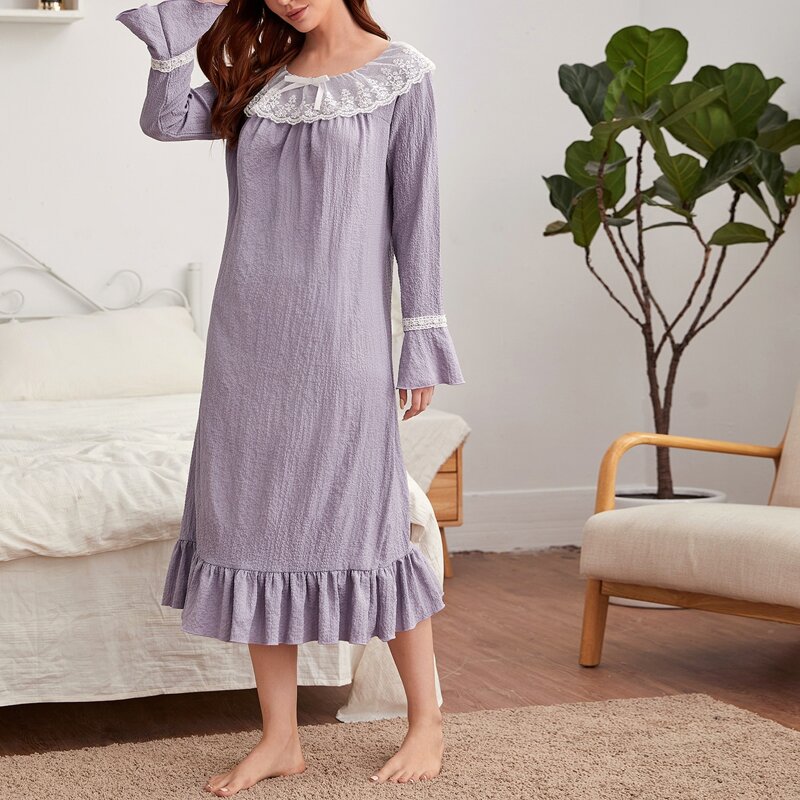 

Bow Front Contrast Lace Panel Night Dress, Lilac purple