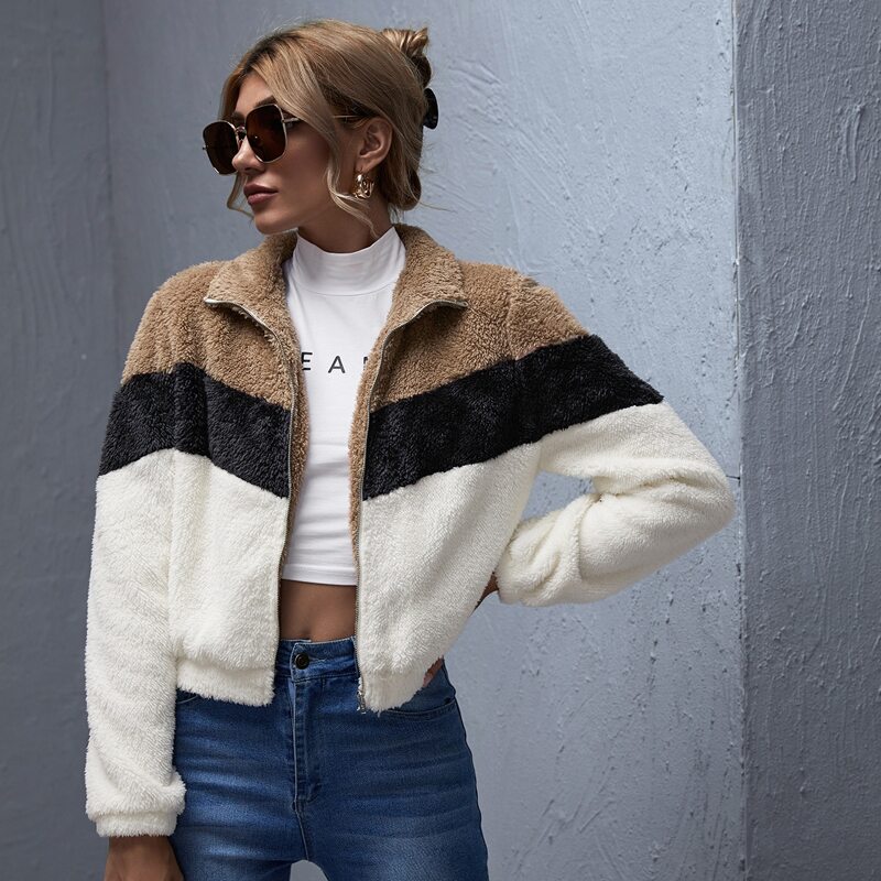 

Zipper Front Colorblock Teddy Jacket, Multicolor