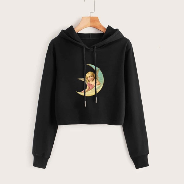 

Angel Print Drawstring Crop Hoodie, Black