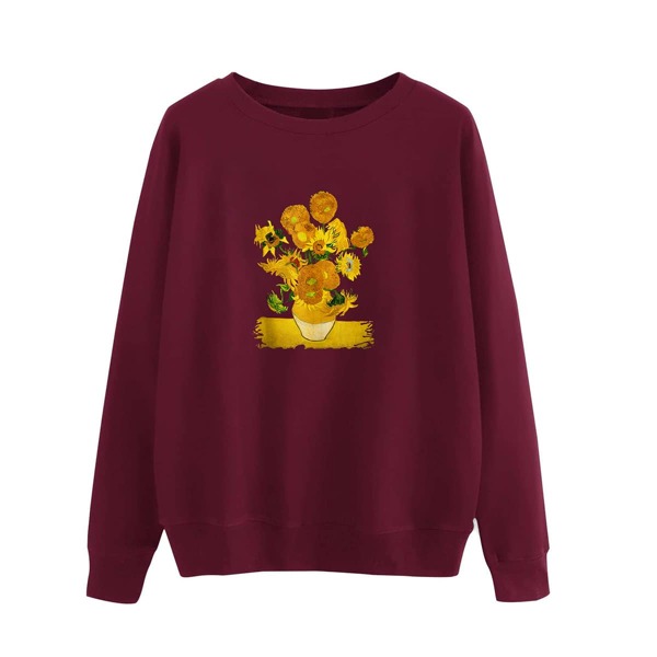 

Sunflower Print Round Neck Sweatshirt, Maroon