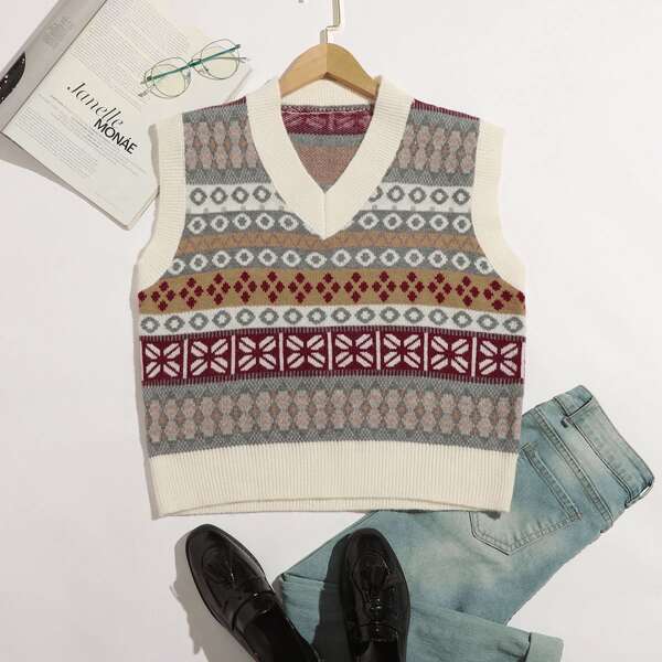 

Argyle Pattern V-neck Sweater Vest, Multicolor