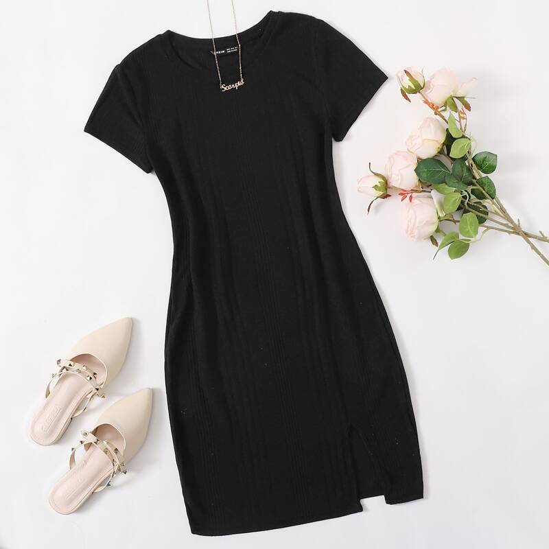

Split Hem Rib-knit Bodycon Dress, Black
