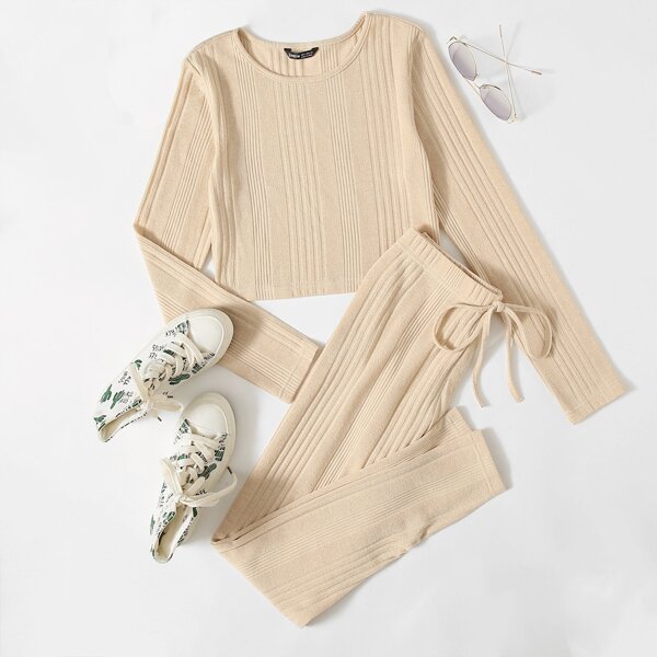 

Solid Rib-knit Tee & Tie Waist Leggings Set, Apricot