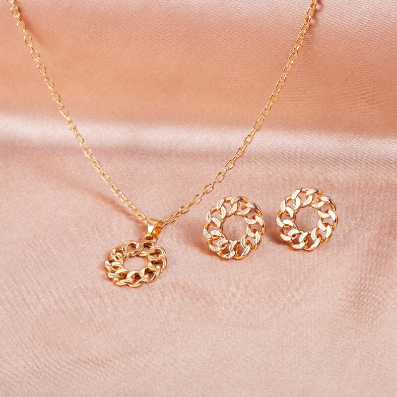 

1pair Round Stud Earrings & 1pc Necklace, Gold