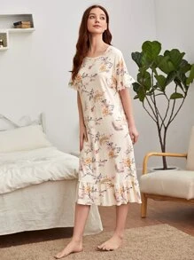 Floral Print Contrast Lace Ruffle Hem Pajama Night Dress - Beige - View 3