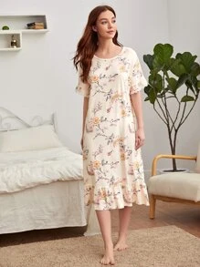 Floral Print Contrast Lace Ruffle Hem Pajama Night Dress - Beige - View 4