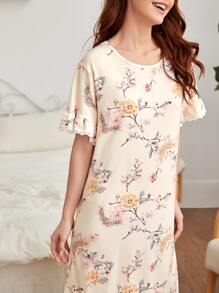 Floral Print Contrast Lace Ruffle Hem Pajama Night Dress - Beige - View 5