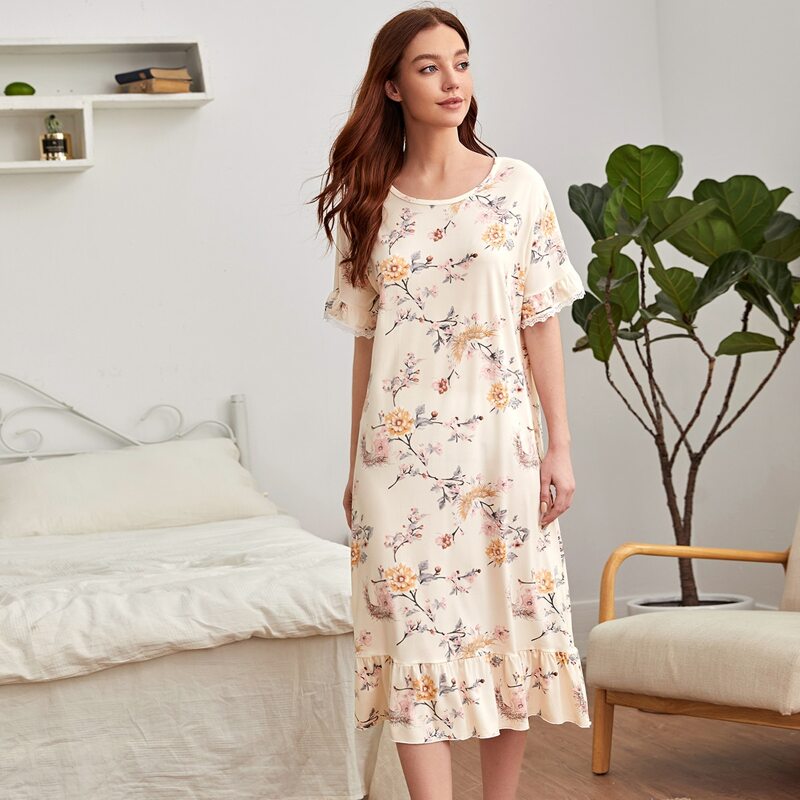 

Contrast Lace Floral Print Ruffle Hem Night Dress, Beige
