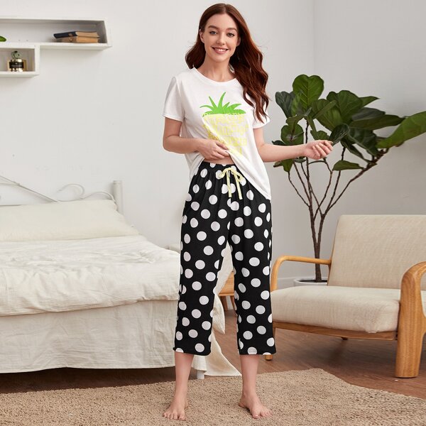 

Slogan & Polka Dot Graphic Knot Waist PJ Set, Black and white