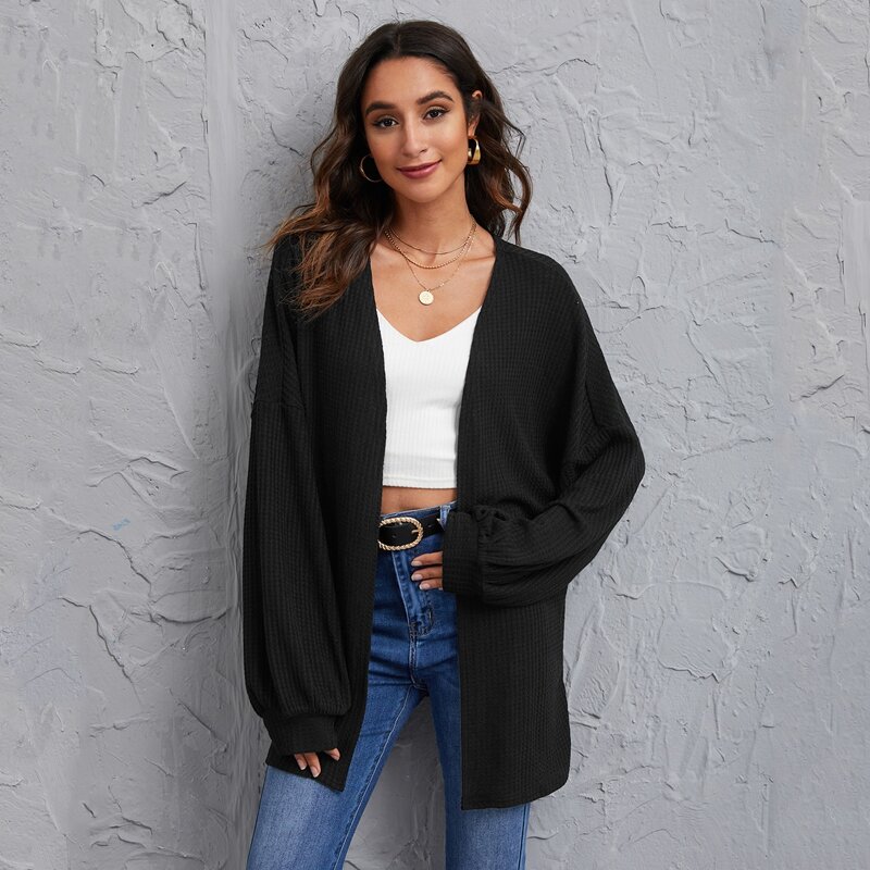 

Drop Shoulder Open Front Waffle Knit Coat, Black