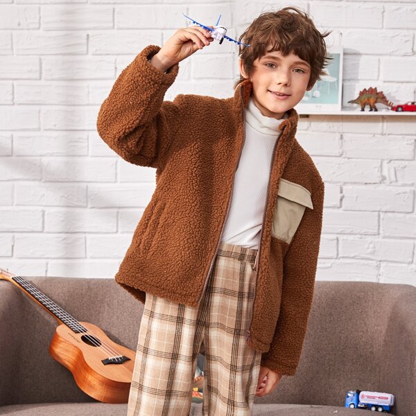 

Boys Contrast Flap Pocket Teddy Coat, Brown