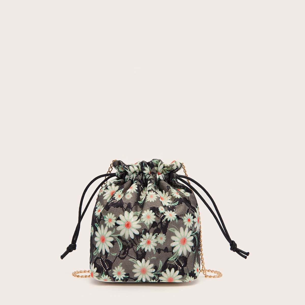 

Daisy Pattern Drawstring Lace Bucket Bag, Black