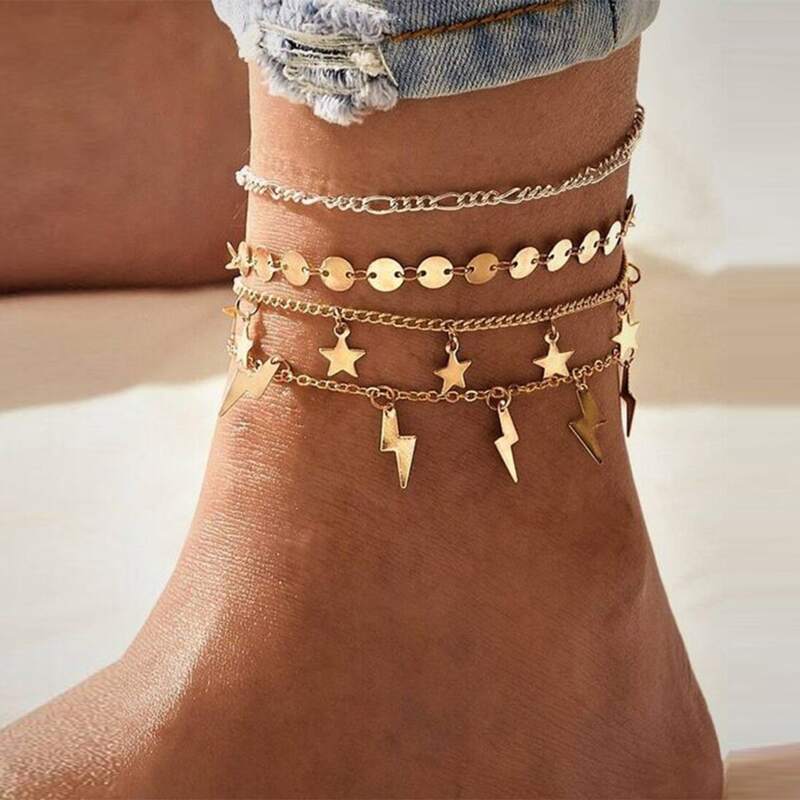 

4pcs Lightning & Star Decor Chain Anklet, Gold