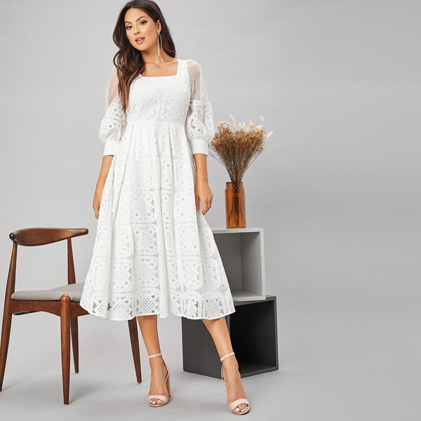 

Puff Sleeve Guipure Lace A Line Dress, White