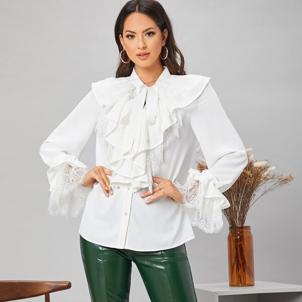 

Tie Neck Brooch Front Lace Trim Ruffled Blouse, White