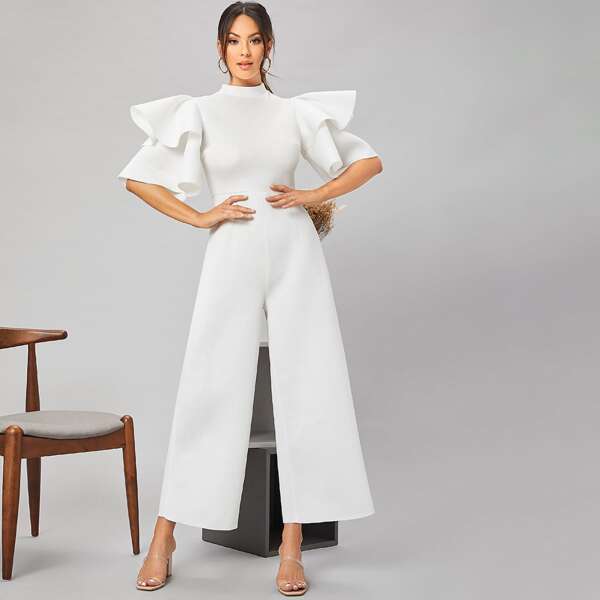 

Exaggerated Ruffle Zipper Back Culottes Jumpsuit, White