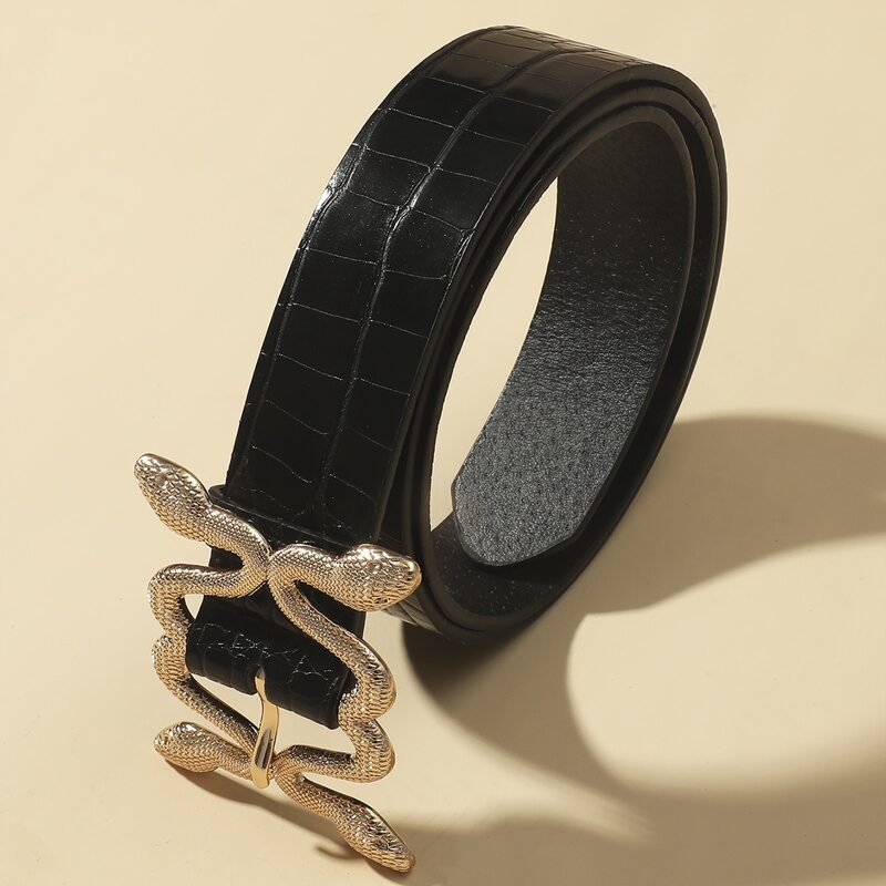 

Croc Embossed Snake Shaped Buckle Belt, Black
