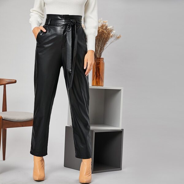 

Belted PU Leather Pants, Black