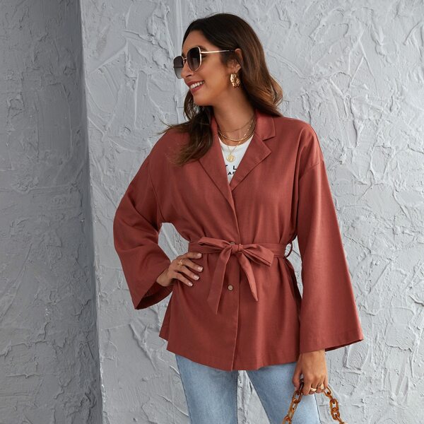 

Solid Lapel Collar Belted Coat, Redwood